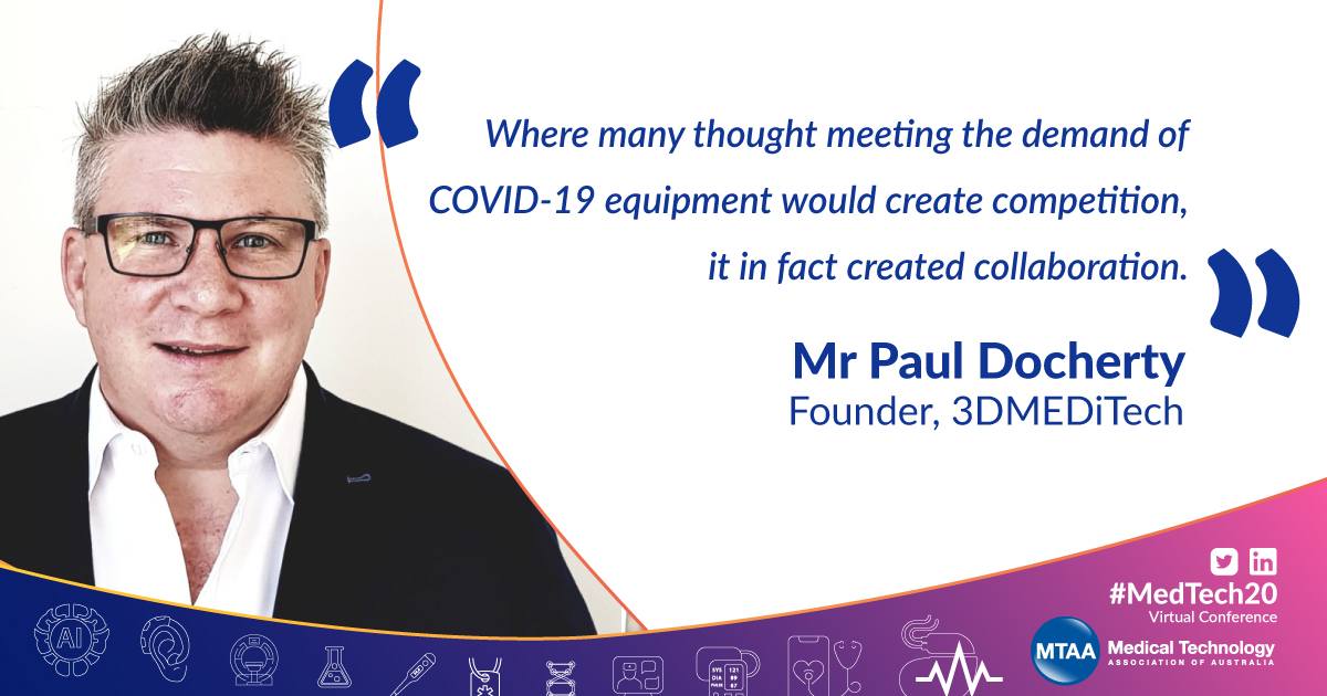 “Where many thought meeting the demand of COVID-19 equipment would create competition, it in fact created collaboration.” –  Paul Docherty, #3DMEDiTech.

@devicetech, @stryker_jobs, @InnovationGrey, @Hologic, @healthindustryhub, @RozalinaRS 
#medtech #medicaldevices #medtech20