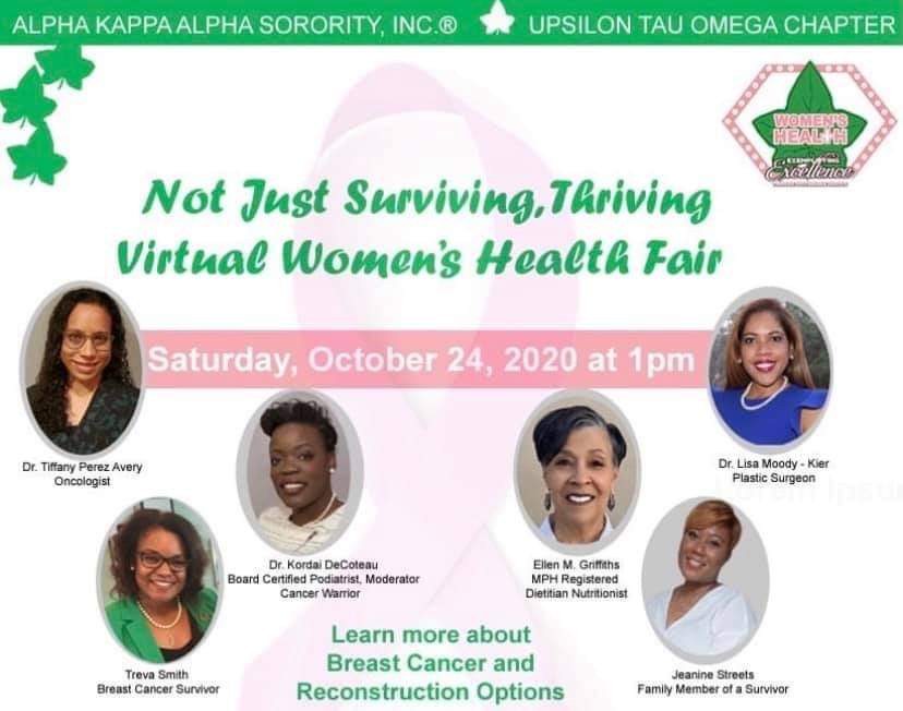 UTOAKA1908's tweet photo. The Upsilon Tau Omega Chapter, Women’s Healthcare Committee hosted an informative virtual Health fair, “Not Just Surviving, Thriving”, Kudos to our wonderful Women’s Health and Wellness Committee and all who joined us!
#BreastCancerAwareness #UTO1908 #NAR1908 #AKA1908 https://t.co/BjyfgeO2BT