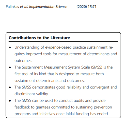 CEI_org's tweet photo. A worthwhile from read for those seeking inspiration regarding program sustainability: 'Measurement of sustainment of prevention programs and initiatives: the sustainment measurement system scale' by Lawrence Palinkas https://t.co/cadOdhVJX7 #impsci #evaluation #sustainability https://t.co/kiTUVQ0yhM