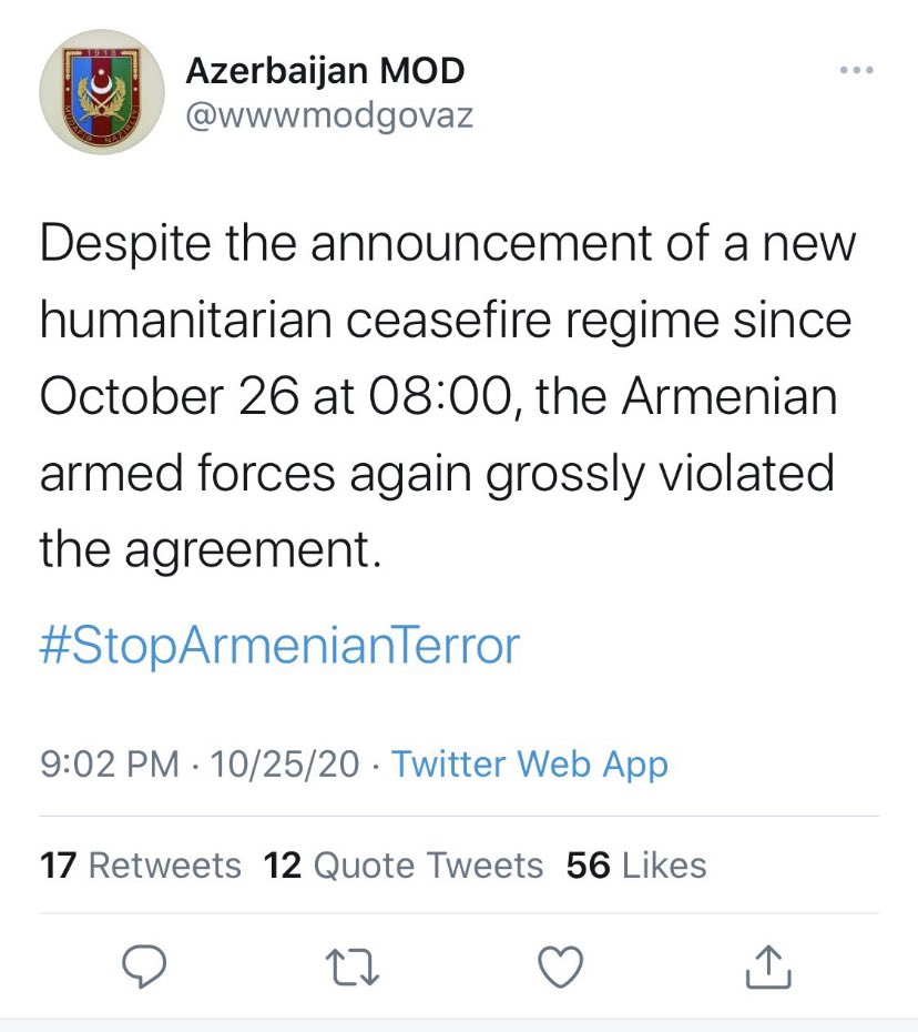 Lilian_Oh's tweet photo. So tell me @UNHumanRightsEU @realDonaldTrump @Reuters @BBCWorld When AZ “accidentally” tweets that ceasefire has been breached when it hasn’t even started - then deletes it what does that suggest? #RecogniseArtsakh #StopAliyev https://t.co/SxLLgIRWgl