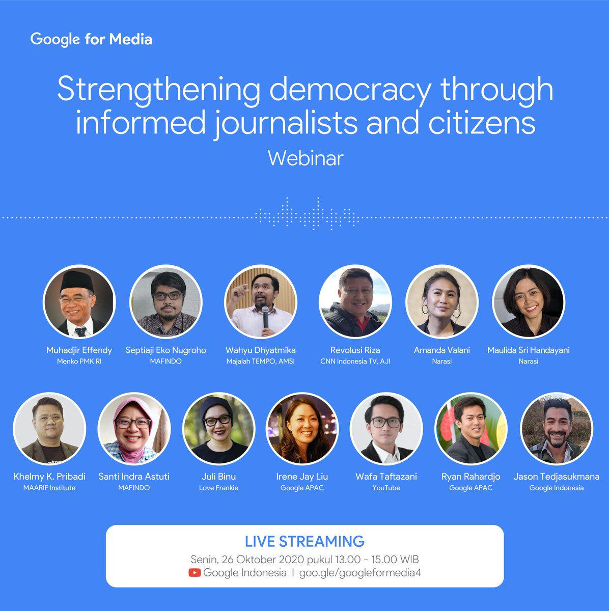 🚨 Saksikan webinar #GoogleforMedia keempat dengan tema “Strengthening democracy through informed journalists and citizens” bersama <a href="/narasitv/">Narasi</a> <a href="/TurnBackHoax/">MAFINDO</a>, AMSI, <a href="/AJIIndonesia/">AJI Indonesia</a> <a href="/maarifinstitute/">MAARIF Institute</a>, hari ini, jam 13-15 WIB di ➡️ goo.gle/googleformedia4