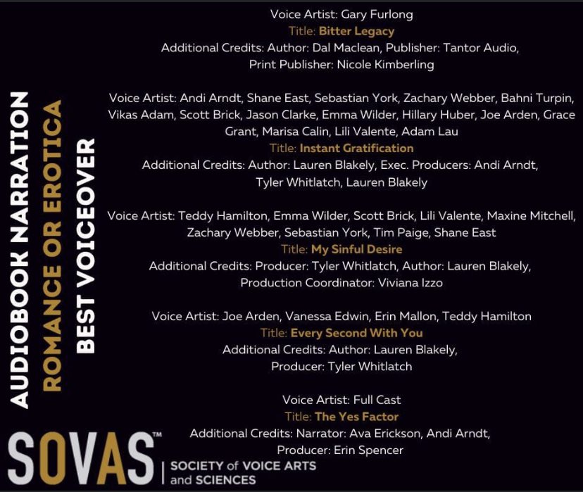 Could not be prouder to be among these stellar talents up for a SOVAS award!! I absolutely loved narrating @LaurenBlakely3’s EVERY SECOND WITH YOU with the ever fabulous @TheRealJoeArden, @TEDDYHAMILTON14 and @ErinMallon! ❤️🥳