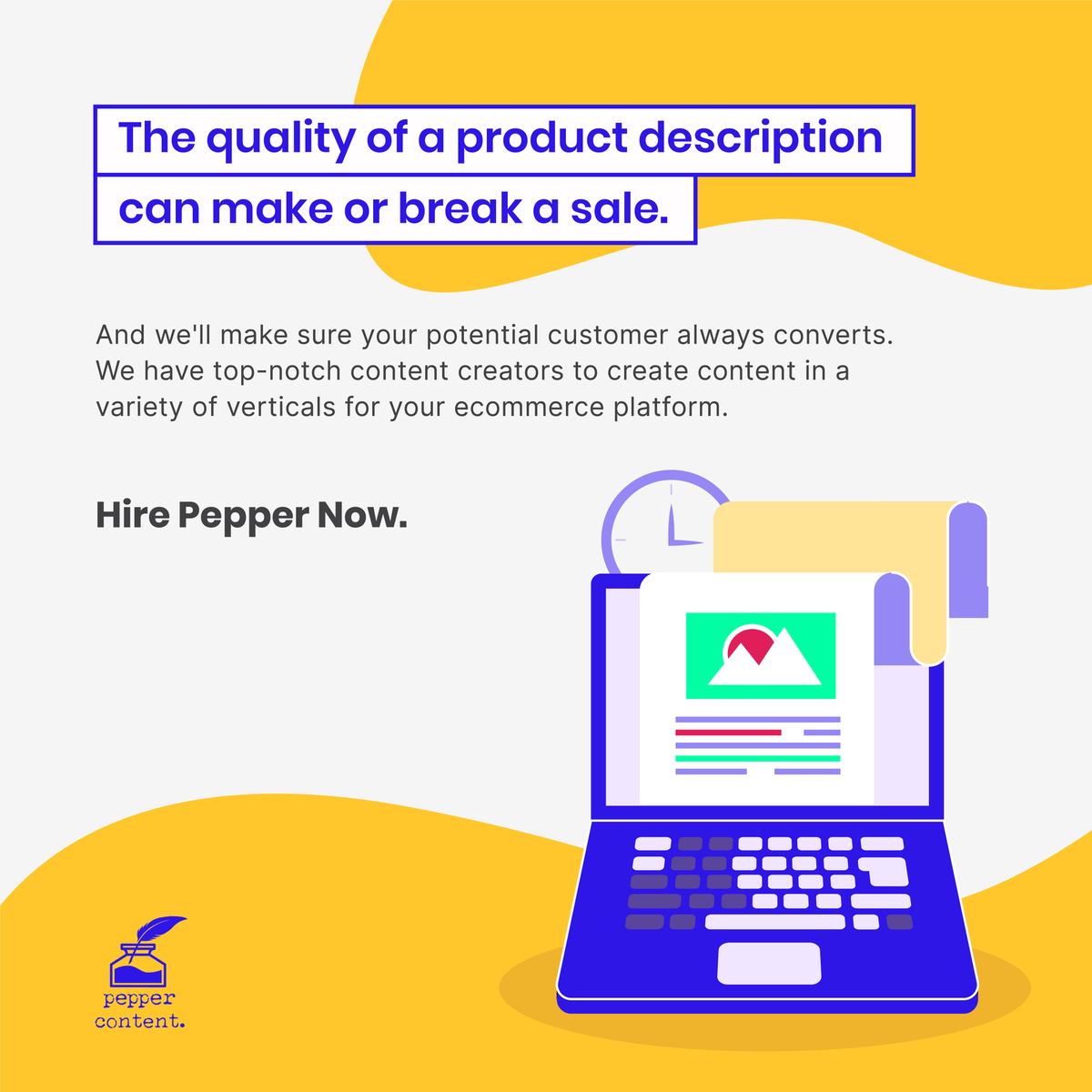 Pepper_Content's tweet photo. Competition in the online shopping space is getting too fierce. Good E-commerce writing will not work anymore. Hence, we make sure it's great!

#productdescription #contentwritingservice #ecommerce #ecommercewriting https://t.co/hP0GwEWLh9