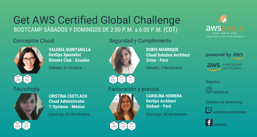 AwsGirls's tweet photo. Querida comunidad estamos felices de comunicarles esta iniciativa: "Get AWS Certified  Global Challenge". ¿Deseas conocer todos los detalles? Pues es muy fácil, siguenos en todas nuestras redes sociales https://t.co/a7CvVfRMOJ  #AWSGlobalCertificationChallenge #AWSGirls #AWSUG https://t.co/5U5Msy0lKj