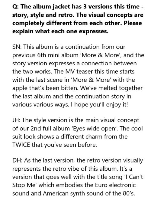 I’m impressed with how dahyun answered these questions especially the ones describing the music style✨synth wave genre European electronic sound with a mix of American sound from the 80’s..  can’t wait for the album to drop!