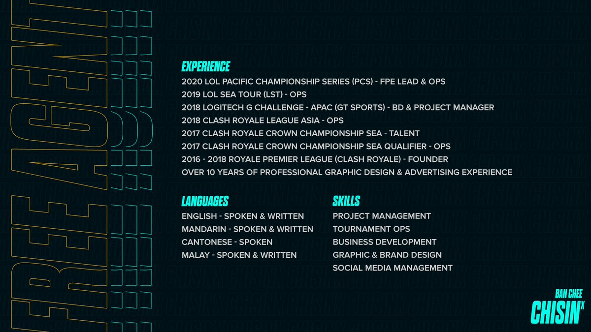 [ LFT ] 
I've officially left my position at <a href="/FunPlusEsports/">FunPlus Esports</a>. What a journey that was but I'm excited about my next adventure! I'm looking for a new organisation to join in any position that my skill set can be useful for. DM is open! #FreeAgent