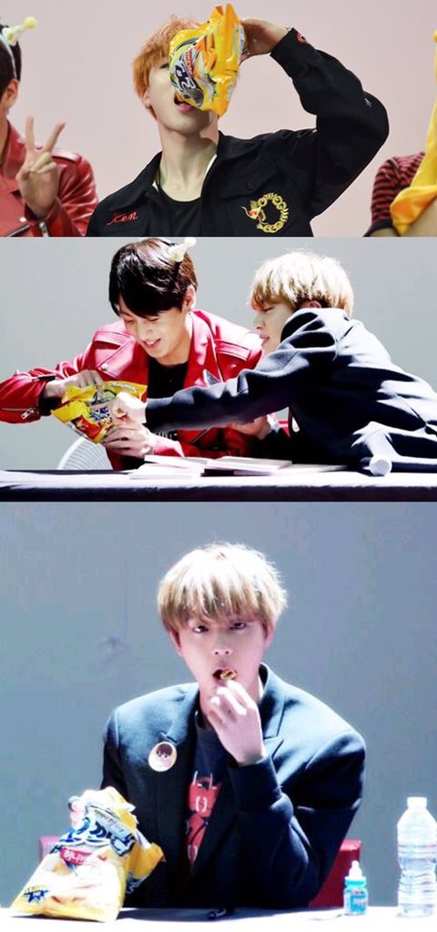 BTSARMYKitchen's tweet photo. Bonus x2 !! 

Here’s our honey boys eating honey chips. [Honey Butter Kokalkon Corn Chips]

#WhatBTSAte #BTSSnacks @BTS_twt https://t.co/LQFGmtB7Lt
