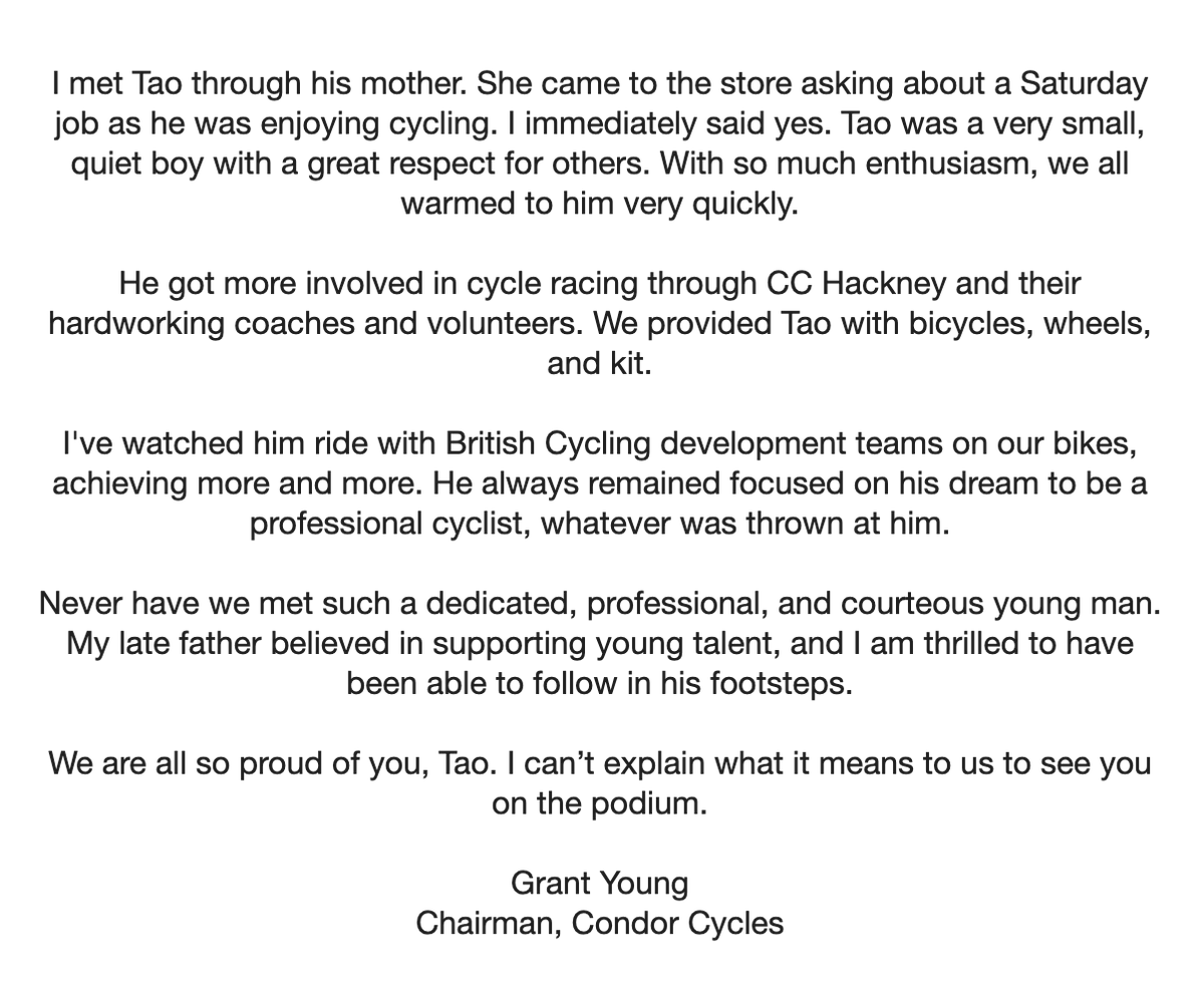 velobetty's tweet photo. What a lovely message from Grant Young, Chairman of @CondorCycles to @taogeoghegan https://t.co/QTqGyV1i3m
