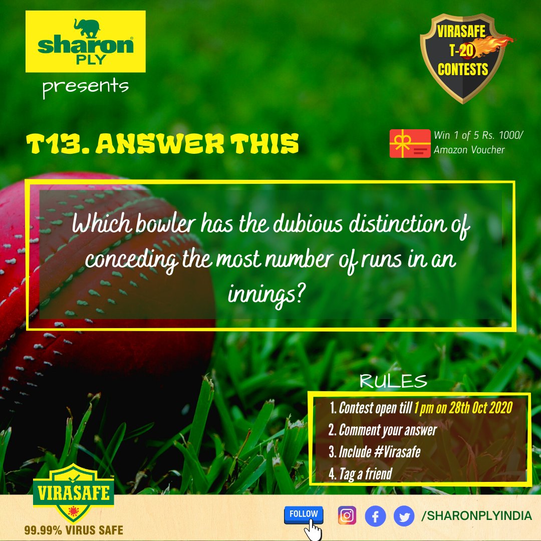 VIRASAFE T20 contest #T13
Lucky 5 will each win Rs 1000 Amazon voucher

Rules: 
1.Name the player (Conceded most runs in an over)
2.Add #VIRASAFE and tag a friend
3.Contest open till 1 pm on 28 Oct 2020

<a href="/india4contests/">india contest</a>

 #ContestAlert