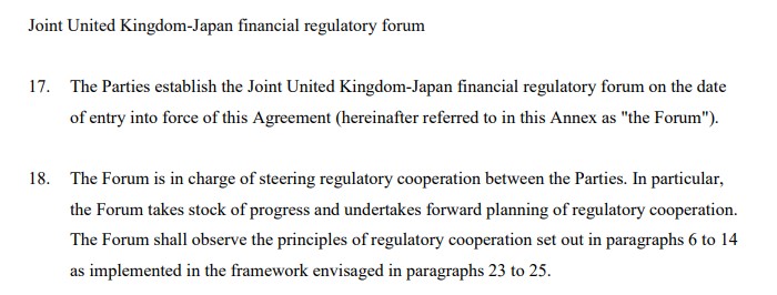 It is good news that the UK and Japan have created a joint regulatory forum in financial services as part of their trade deal (detail from p106): a few quick and quite niche thoughts 1/  https://www.mofa.go.jp/files/100107066.pdf