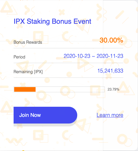 ipxus's tweet photo. Extra 30% annual rewards of #IPX #Staking is still available! Staking more and earn more. 30 days limited event. Join now https://t.co/YL04H4Zpq6 https://t.co/Acz8bOiV5k