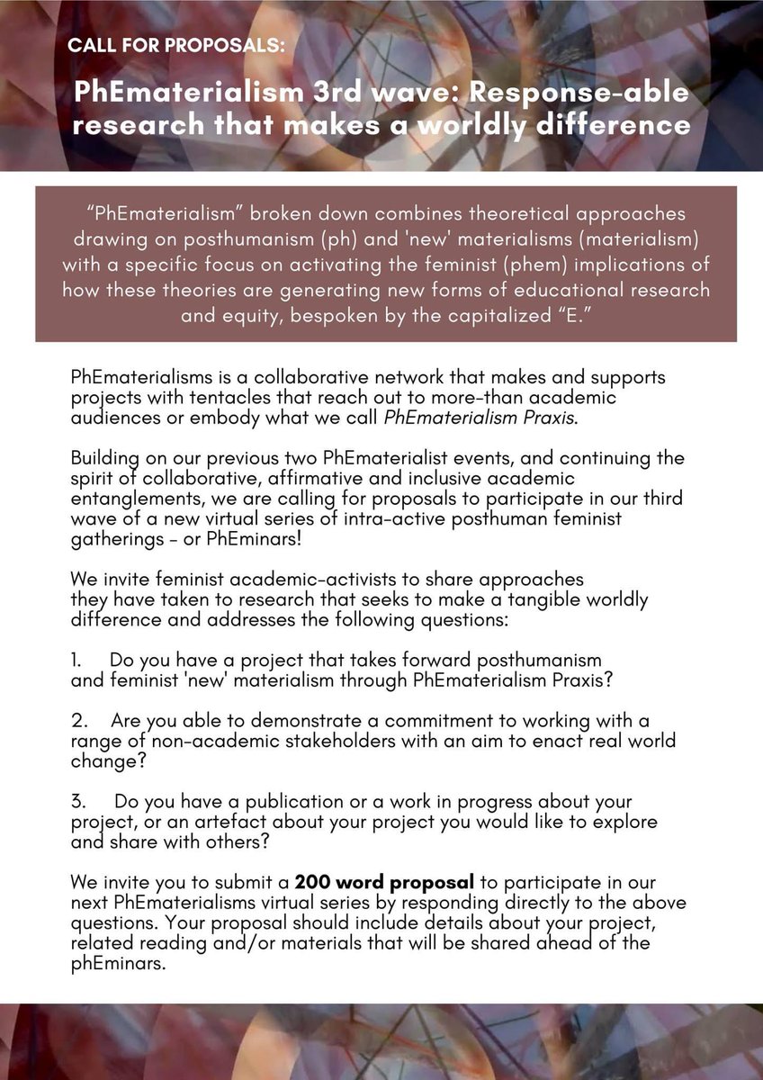 JessicaRingrose's tweet photo. It’s PhEmaterialism @phematerialism 3rd wave! Are you doing feminist  posthuman and new materialism research engaging beyond academia to make a ‘worldly difference?’ See CFP to entangle in our new virtual ‘phEMinar’ series! Abstracts due November 20! ⚡️🌟🤩 https://t.co/piRsoLGQYw