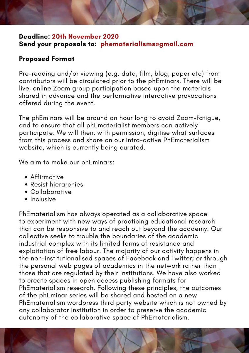 JessicaRingrose's tweet photo. It’s PhEmaterialism @phematerialism 3rd wave! Are you doing feminist  posthuman and new materialism research engaging beyond academia to make a ‘worldly difference?’ See CFP to entangle in our new virtual ‘phEMinar’ series! Abstracts due November 20! ⚡️🌟🤩 https://t.co/piRsoLGQYw