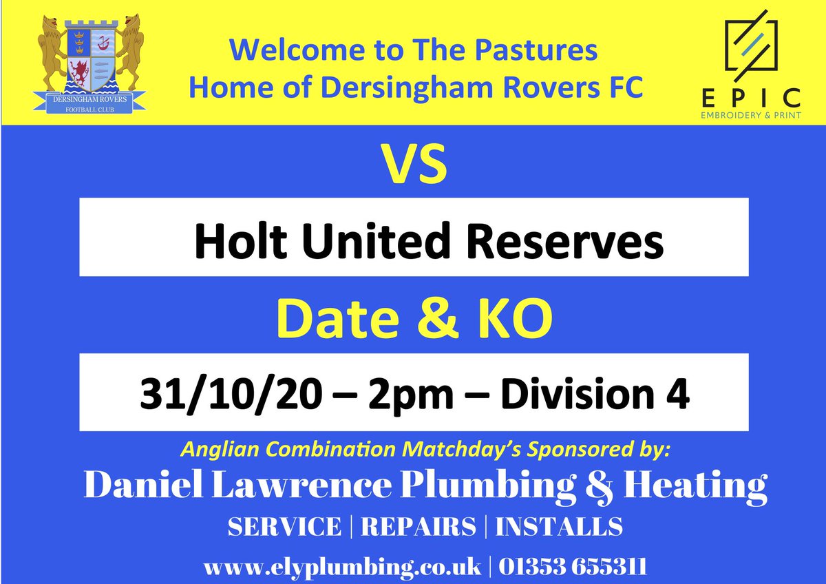 DersinghamFC's tweet photo. This week we return back to The Pastures hosting @HoltUnitedFC reserves. 

Bar will be open under COVID guidelines! 

💙💛 https://t.co/BonsGe08zU