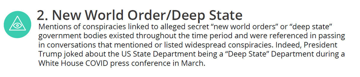 Mentions of  #conspiracytheories linked to alleged "secret new world orders” or “deep state” government bodies existed throughout the time period and were referenced in passing in conversations that mentioned or listed widespread conspiracies.