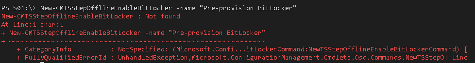 BasdeKoning's tweet photo. @configmgrdev @ConfigMgrTeam It seems the New-CMTSStepOfflineEnableBitLocker cmdlet is broken in Configmgr 2006 (current branch).  Which parameter -Name "Pre-provision BitLocker" it breaks.   It di still work in ConfigMgr 2002. Did you guys know this allrdy? https://t.co/qfGOdVcS42