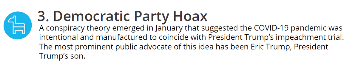 A  #ConspiracyTheory emerged in January that suggested the  #COVID19  #pandemic was intentional and manufactured to coincide with President Trump’s impeachment trial.  #misinformation  #disinformation