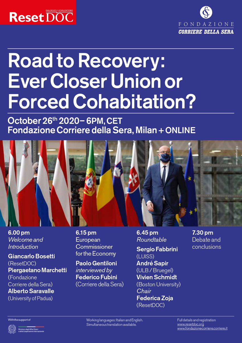 As the Covid crisis in #Europe deepens, come join us this evening to hear <a href="/PaoloGentiloni/">Paolo Gentiloni</a> followed by experts who will discuss the #European response 🇪🇺
Will the #recoveryfund be enough?
Follow the livestream at 6pm on the <a href="/resetdoc/">Reset DOC</a> facebook page or on the <a href="/Corriere/">Corriere della Sera</a> website