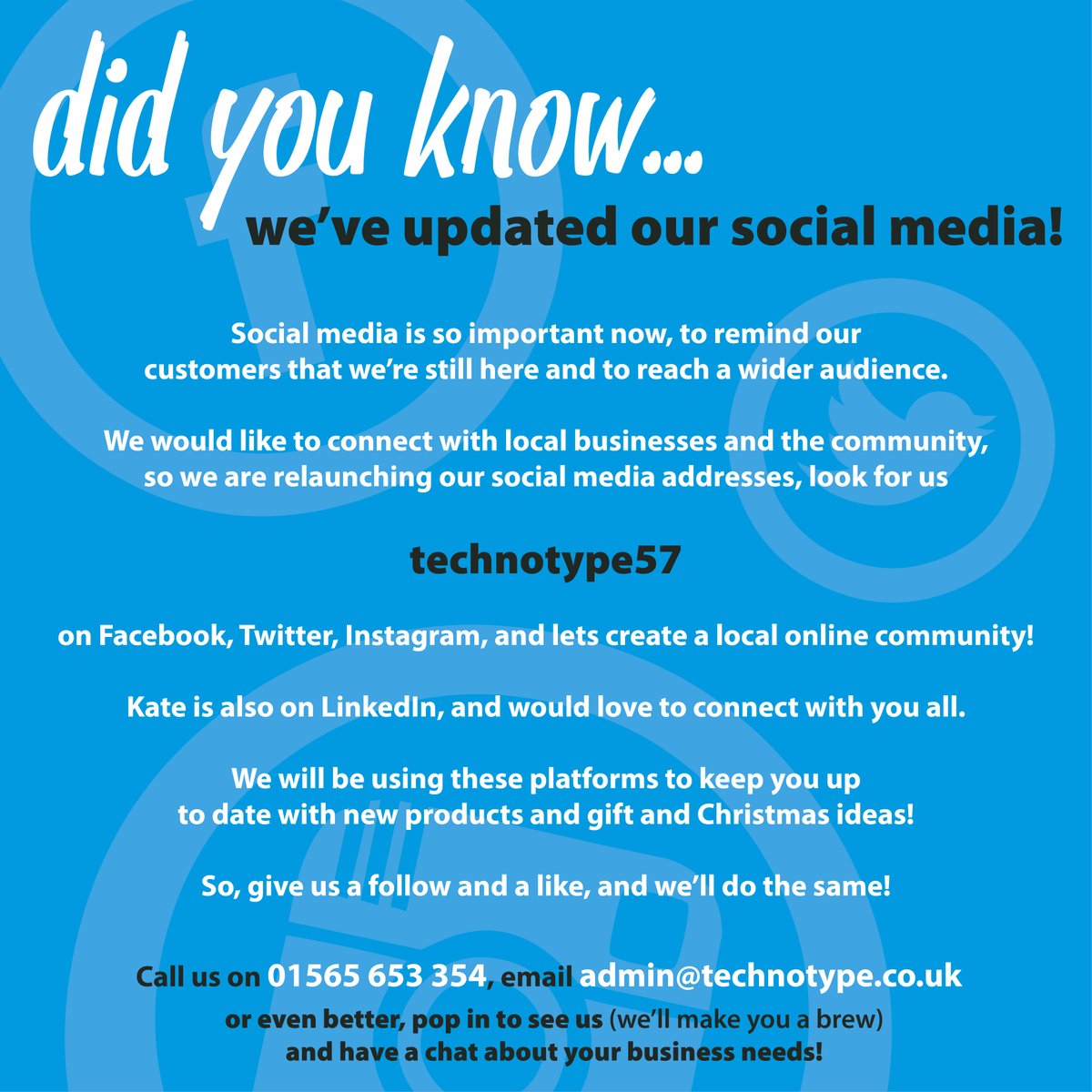 Social Media - now more than ever it is so important.

Our New social media for Technotype are below - Lets all follow each other &amp; support each other