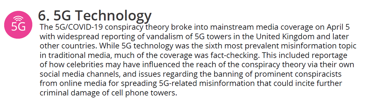 The  #5G /  #COVID19  #ConspiracyTheory broke into mainstream media coverage on April 5 with widespread reporting of vandalism of 5G towers in the United Kingdom & later other countries. More  #misInformation  #disinformation here:  https://allianceforscience.cornell.edu/wp-content/uploads/2020/09/Evanega-et-al-Coronavirus-misinformationFINAL.pdf