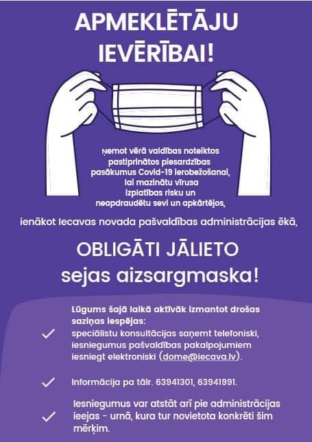 IecavaLV's tweet photo. ‼️ Valdība pieņēmusi lēmumu, ka no 24. oktobra sejas maskas jālieto pakalpojumu sniegšanas vietās gan valsts un pašvaldību iestādēs, gan privātajos uzņēmumos. Savukārt no 26. oktobra noteikti stingrāki pulcēšanās ierobežojumi. Vairāk https://t.co/pFaDZIY8sT https://t.co/PbX94uRSdO