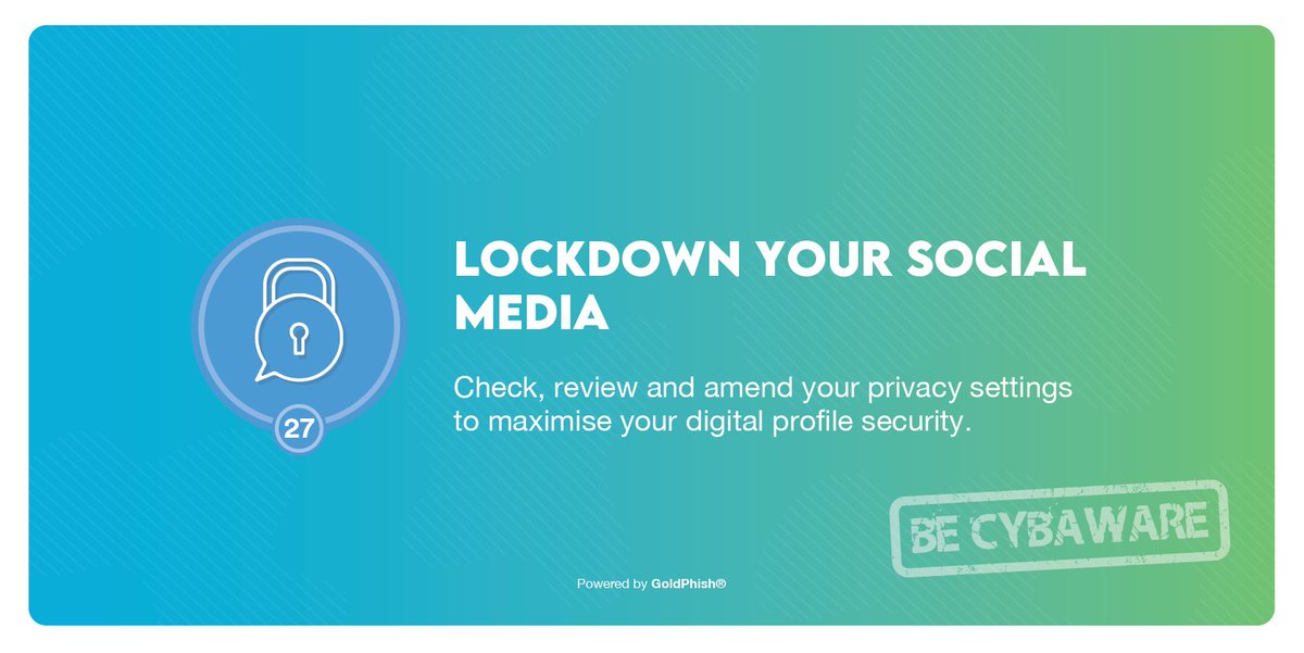 RiniGARD's tweet photo. LOCKDOWN SOCIAL MEDIA
Ensure social media security within your organisation and create a detailed social media policy. Check and amend privacy settings to maximise your digital profile security.
#BeCyberSmart #BeCybaware #NCSAM #CyberSecMonth #RiniGARD #GoldPhish https://t.co/wLzUj9yqU2