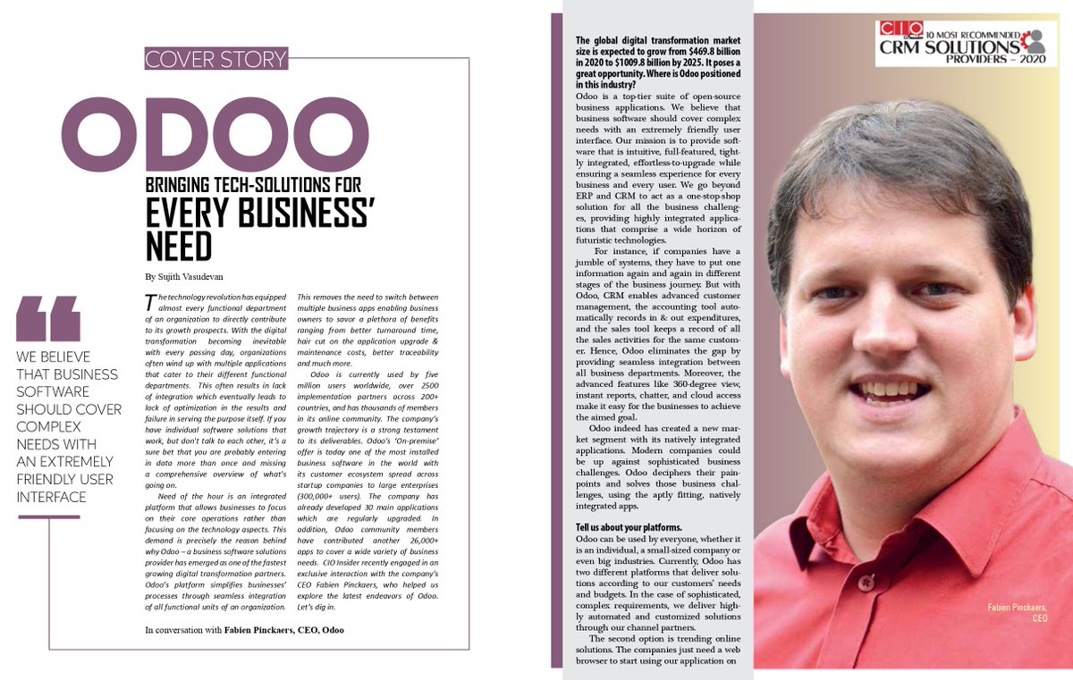 Odoo's tweet photo. "We believe that business software should cover complex business needs with an extremely user-friendly interface."

What made us sit in the list of top 10 most recommended CRM solutions providers-2020?

Try and find out now: https://t.co/rHx1r9sjmE

#CRM #ERP #odoo https://t.co/G0Tvwq3idb