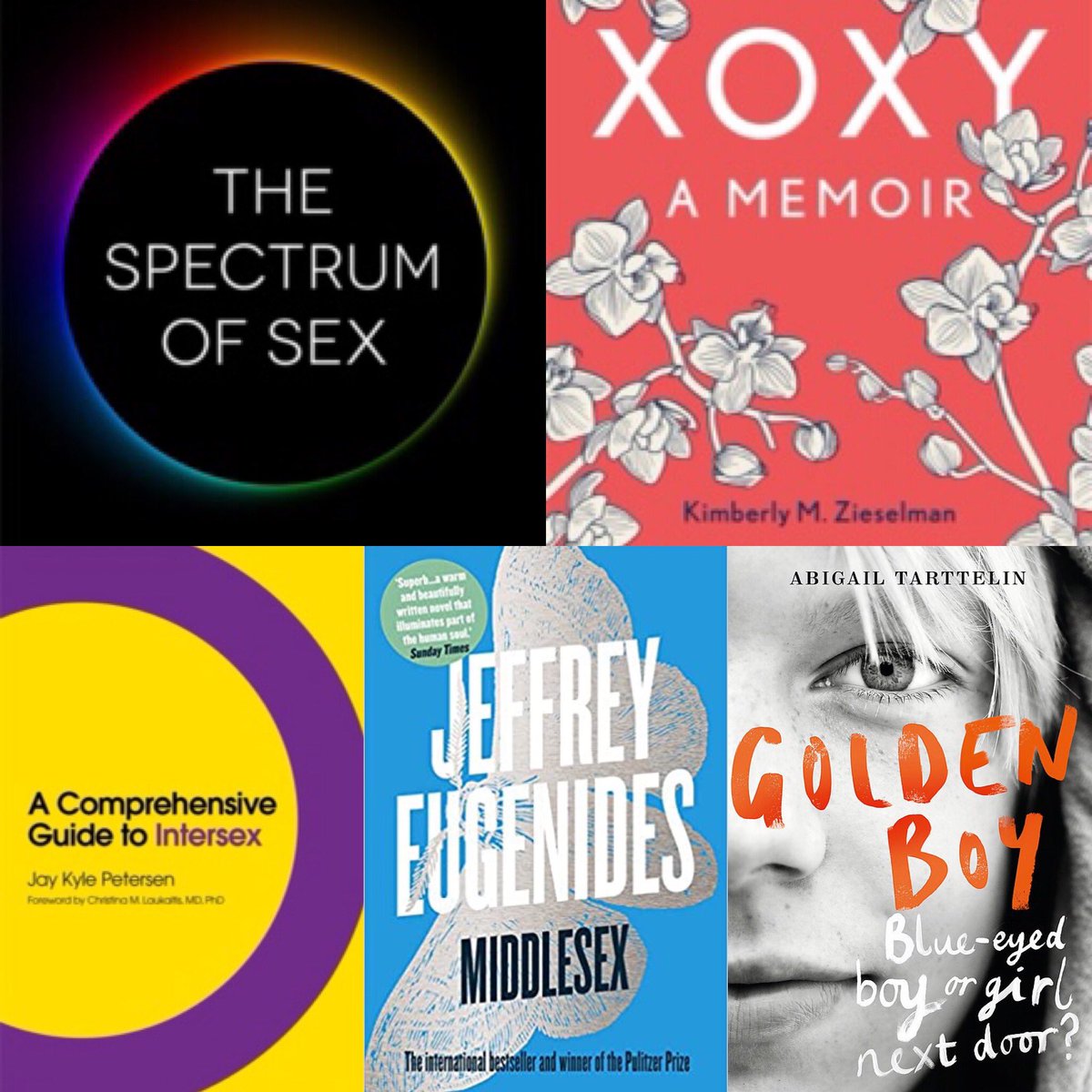 An inconclusive list of books I can send you: ‘The Spectrum of Sex: the Science of Male, Female and Intersex’ by Hida Nieto - an intersex & non-binary activist (£13, paperback) ‘XOXY - a Memoir’ by Kimberly Zieselman - an intersex woman, mother & activist (£13, paperback)