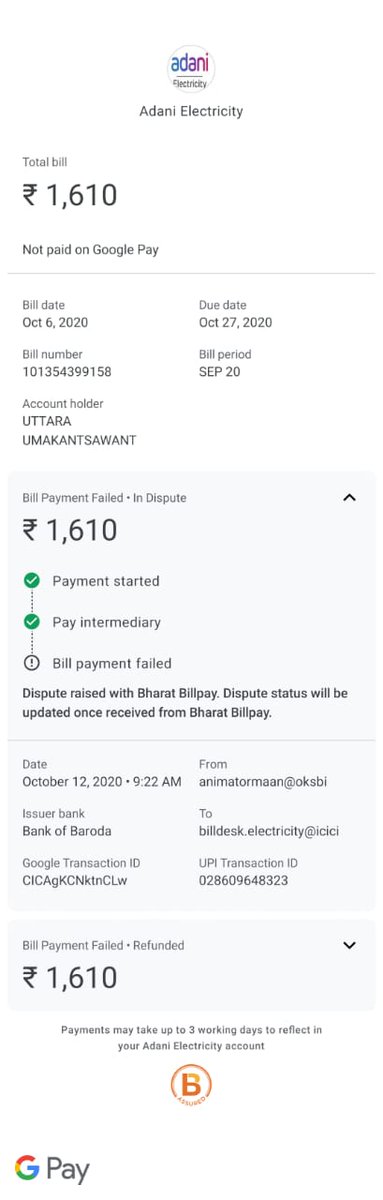 himanshu0369's tweet photo. @Adani_Elec_Mum What more can I do? My due date to pay is tomorrow. No solution offered yet! Please revert. Sent the mail and refund requested from @GooglePay, neither got money back nor did my bill is paid! https://t.co/1hXnLWS2bm