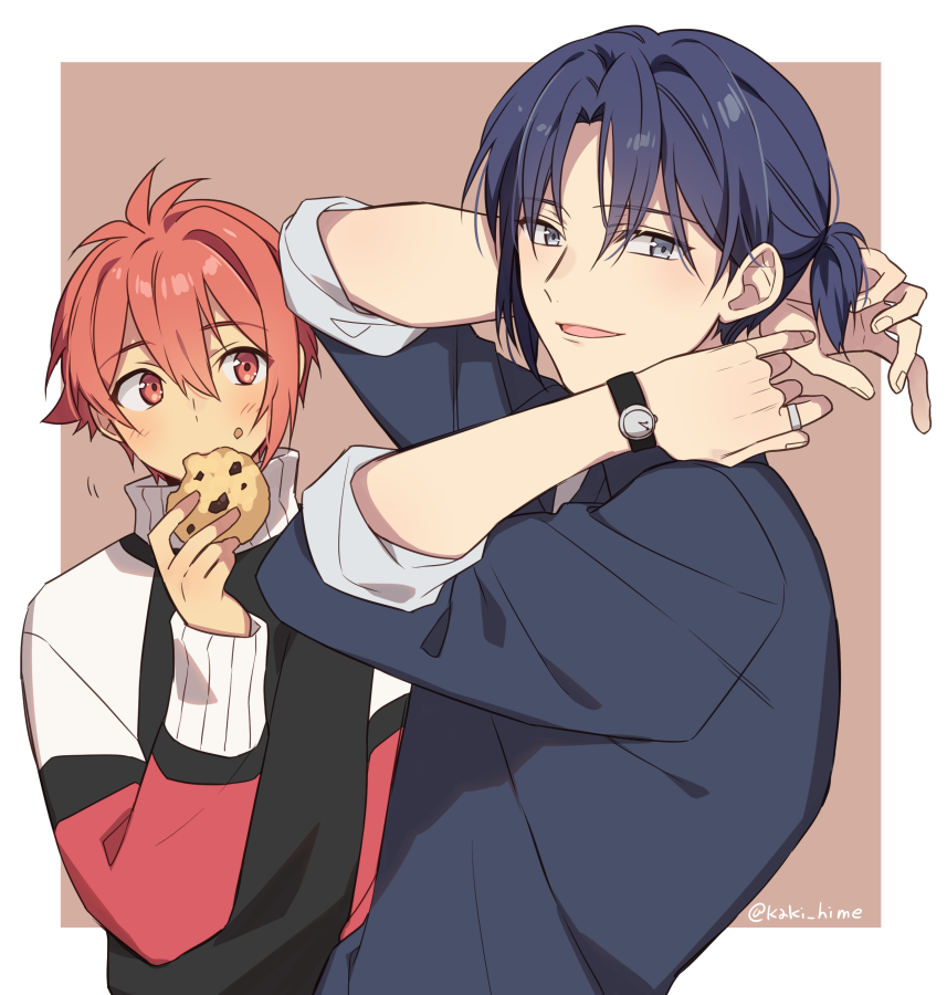 2boys multiple boys male focus food blue hair red hair red eyes  illustration images