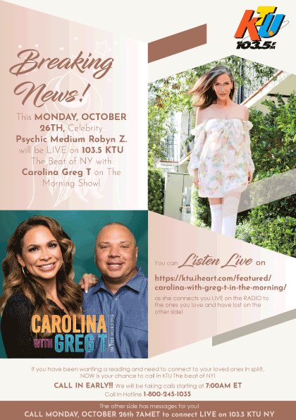 officialrobynz's tweet photo. Good Morning! I’m so excited! 💕Lock in your dial to @TheRealCarolina &amp; @GregT_KTU on @1035KTU the beat of NY! We are taking your calls to connect you to the other side at 7AMET.The hotline is 1.800.245.1035  I can’t wait to connect with you! Listen Live https://t.co/HAEfFtwVAt https://t.co/C4oNjOSHfJ