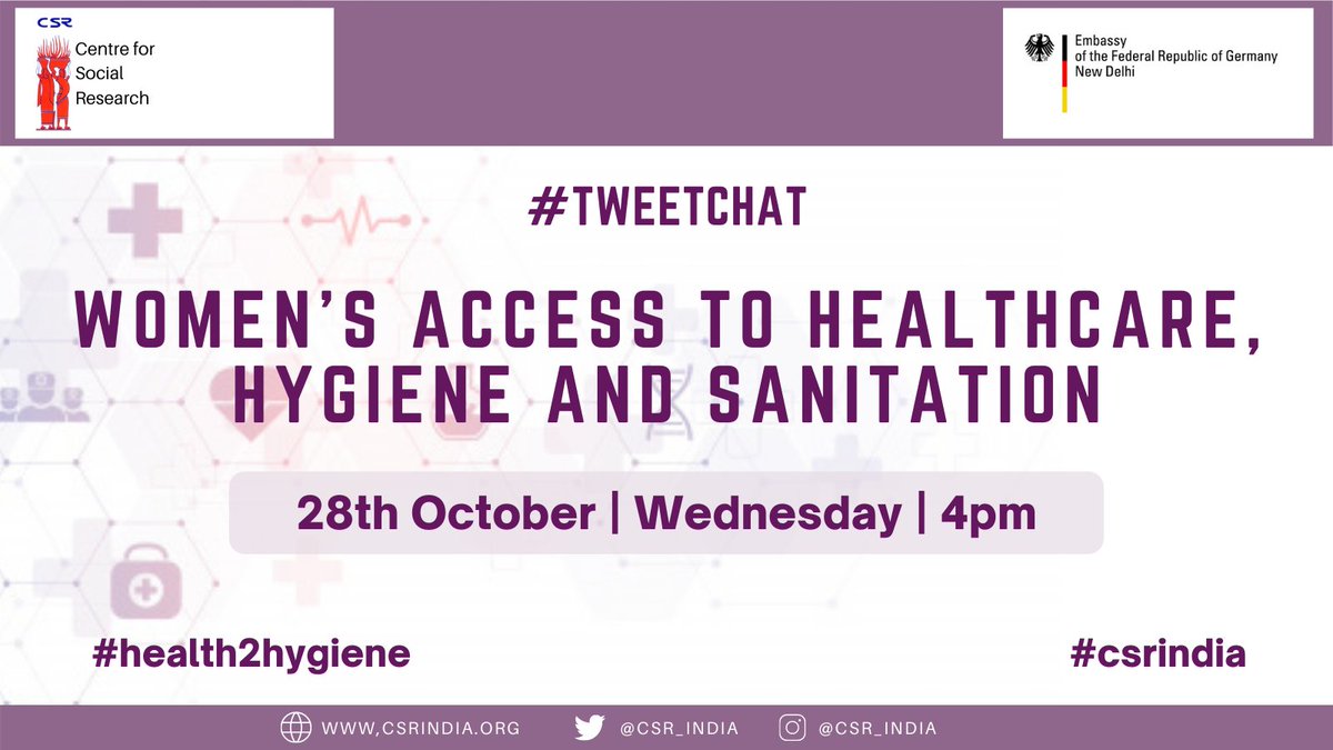 CSR_India's tweet photo. #TweetchatAlert!
๐ฃ In light of #Covid19, talking about #health2hygeine and women's access to health and hygiene practices is imperative. Join us for this important discussion on Wednesday and share your perspective with us!
#SDG3
@germanyinindia @womenite @teachSDGs @NIH https://t.co/HFVhgR46hi