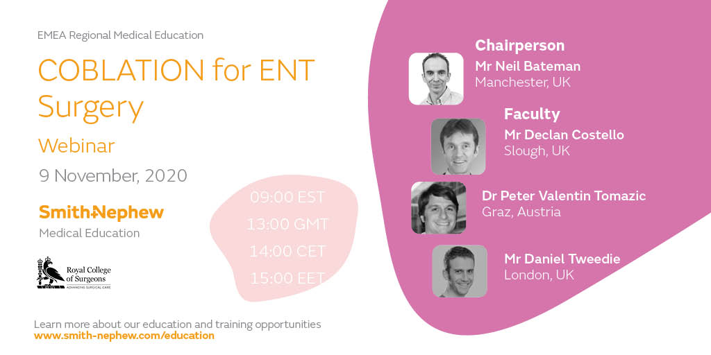 SmithNephewPLC's tweet photo. Ready to have your questions answered about COBLATION Technology in #ENT? Our expert session will outline set-up, planning, and clinical benefits across a range of procedures. REGISTER: https://t.co/piuoH06Vmf
#tonsillectomy #adenoidectomy #turbinatereduction https://t.co/2HSHlf8H23