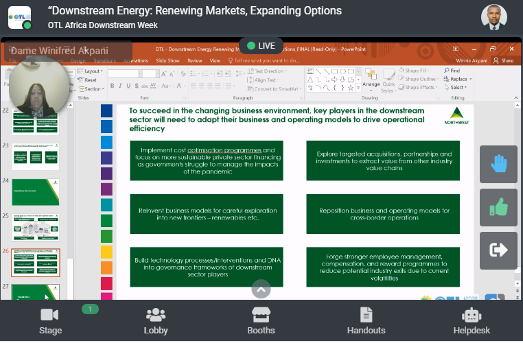 OTLAfrica's tweet photo. #OTLAfrica2020 - Chairman, #DAPPMAN Dame Winifred Akpani says "The prevailing foreign exchange rate in  Nigeria ensures that there is still some form of price regulation of Premium Motor Spirit (PMS) also known as petrol. https://t.co/e9c5qYoWZ1