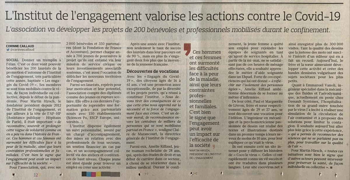 i_engagement's tweet photo. 🗞
@lefigaro vient de sortir un article sur la nouvelle promotion "Les engagés du #Covid19" de l'Institut de l'Engagement.
@MartinHirsch, président de l’association et @CdeMazancourt, directrice générale de l'association y parlent de cette nouvelle promotion.
#LiveIDE2020 https://t.co/EVxYEUEWG5