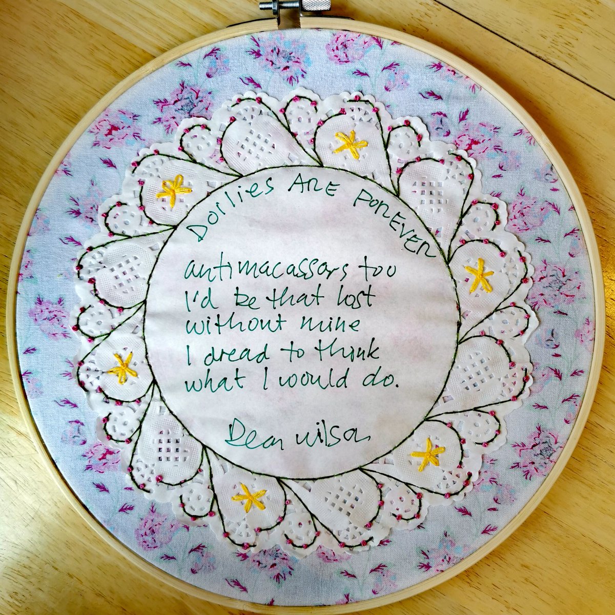 eletal's tweet image. Finally got around to (nearly!) finishing the mounting of the brilliant doily poem, by @PoetDeanwilson6 that I got from @JEBooksHull
Deciding where to embroider nearly tipped me over the edge! 🤣🤣🤣