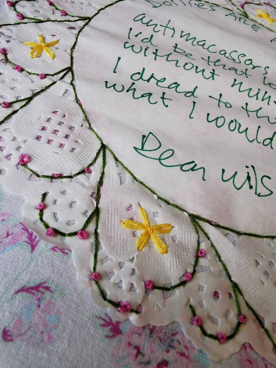 eletal's tweet image. Finally got around to (nearly!) finishing the mounting of the brilliant doily poem, by @PoetDeanwilson6 that I got from @JEBooksHull
Deciding where to embroider nearly tipped me over the edge! 🤣🤣🤣