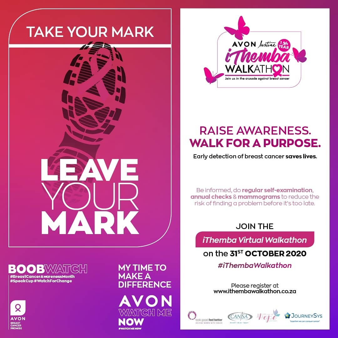 IlithaLabantu's tweet photo. Join the first ever Virtual Avon Justine iThemba Walkathon taking place on Saturday 31 October 2020 to help raise awareness about breast cancer. Let's raise awareness and walk for a purpose. @iThembaCrusade #BoobWatch #WatchForChange https://t.co/0N0PBcFfiQ