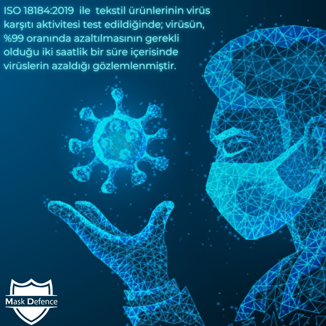 DefenceMask's tweet photo. Maskelerimizde kullandığımız #viraloff solüsyonları, ISO 18184:2019  ile  tekstil ürünlerinin #virüs karşıtı aktivitesi test edildiğinde; virüsün, %99 oranında azaltılmasının gerekli olduğu iki saatlik bir süre içerisinde virüslerin azaldığı test edilmiştir. ✔
 #masketak #virus https://t.co/xWunhX7wSH