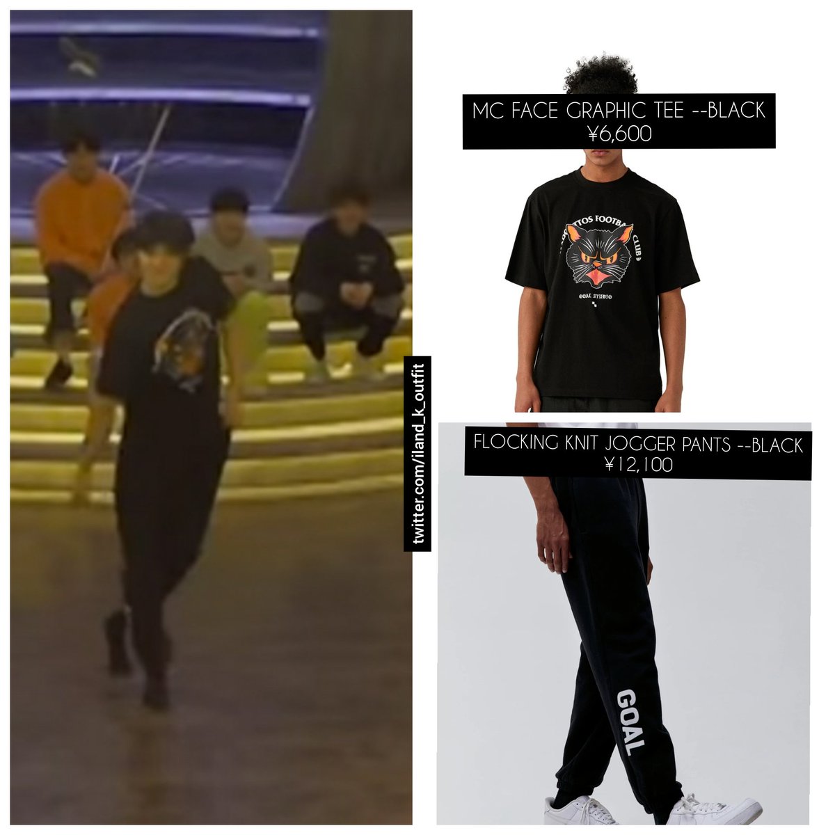 HybeJP_k_outfit's tweet photo. [K STYLE] I Land  Ep 11
MC FACE GRAPHIC TEE --BLACK
Brand: GOAL Studio
Price: ¥ 6,600

FLOCKING KNIT JOGGER PANTS BLACK
Brand: Goal Studio
Price: ¥12,100

#I_LAND_K #I_LAND #아이랜드 #케이 #ILAND_K #ケイ #K_ILAND #ILAND #ILAND_EP11 https://t.co/3rOLcPhiEv