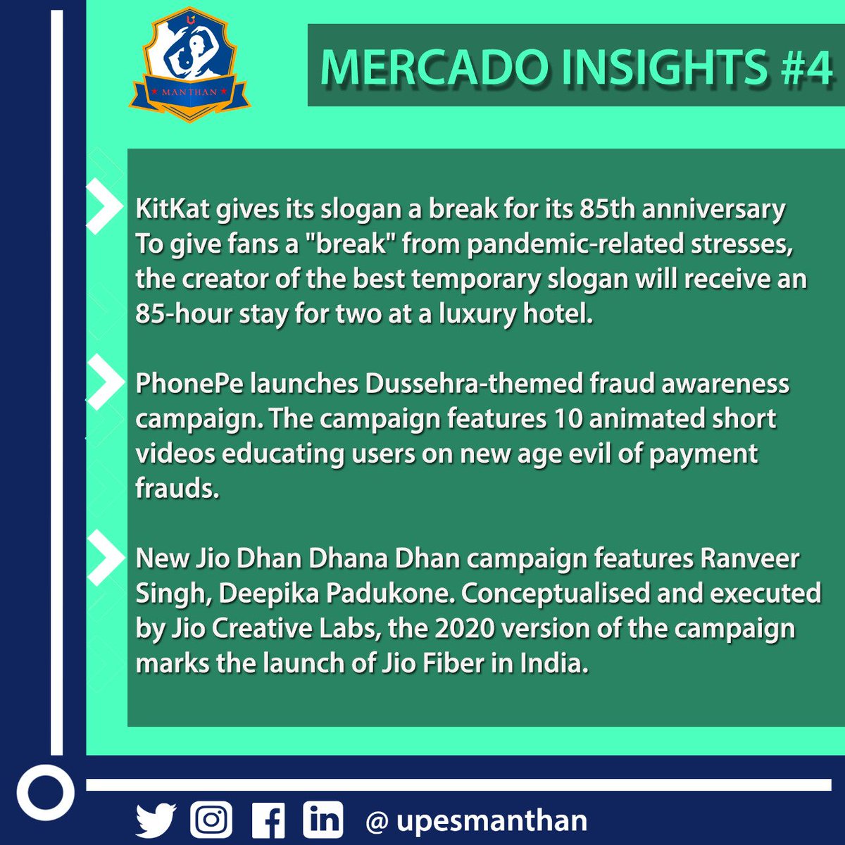 ManthanUpes's tweet photo. #MercadoInsights Presenting recent updates from last week!! 💁‍♀️
..

#latestnews #marketingdigital #marketingnews #linkedin #google #pepsico #reliance #godrej #knowledge #upesdehradun #manthan #manthancares https://t.co/1IFtQkSM6G