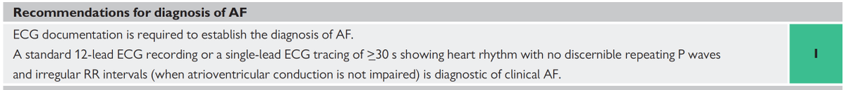 3/24ECG documentation is required to establish the diagnosis of  #AFib (either standard 12-lead ECG recording or single-lead ECG tracing of at least 30 s).I think that this is important because now we can explicitly diagnose AF with single-lead ECGs.  #wEHRAbles