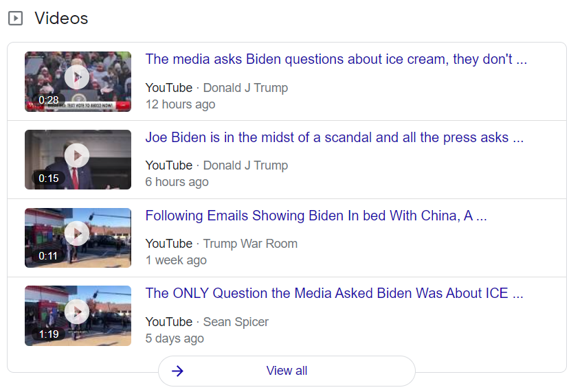 I wasn't able to immediately find this story on the first page of Google or Google News search results for "Biden ice cream", except on the recommended videos that are embedded in the Google results.All the videos are from Trump-affiliated sources.