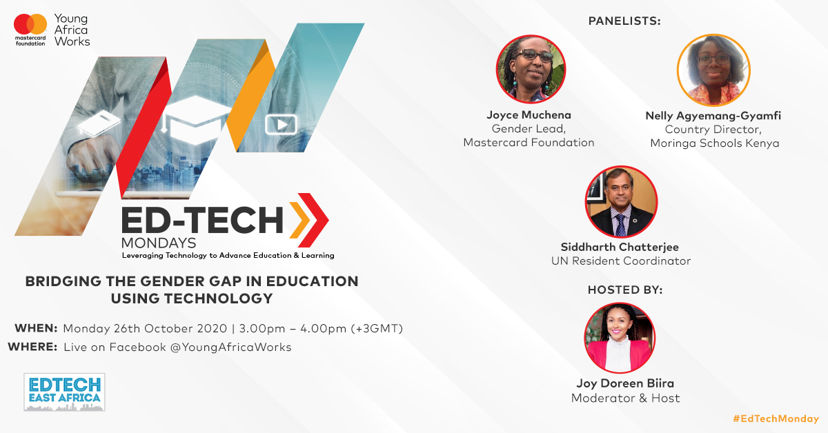 Looking for a purposeful way to kick off your week? We've got you! Join this important conversation with <a href="/JoyDoreenBiira/">Joy Doreen BIIRA</a>; <a href="/sidchat1/">Siddharth Chatterjee 常启德</a>; Joyce Muchena, Gender lead <a href="/MastercardFdn/">Mastercard Foundation</a> &amp; Nelly Agyemang-Gyamfi of  <a href="/moringaschool/">Moringa School</a> on using #tech to advance girls' #education.

#EdTechMonday