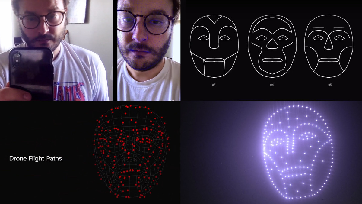 theCGchannel's tweet photo. Here's an unusual tech breakdown: see how creative agency Hobbes choreographed 200 drones into a giant flying head lip-syncing to VWLS' 'High in Heaven', using facial #motioncapture recorded with the #MovesbyMaxon app for #cinema4d
https://t.co/2CtLRkY9zo https://t.co/RsYx4Hd4RI
