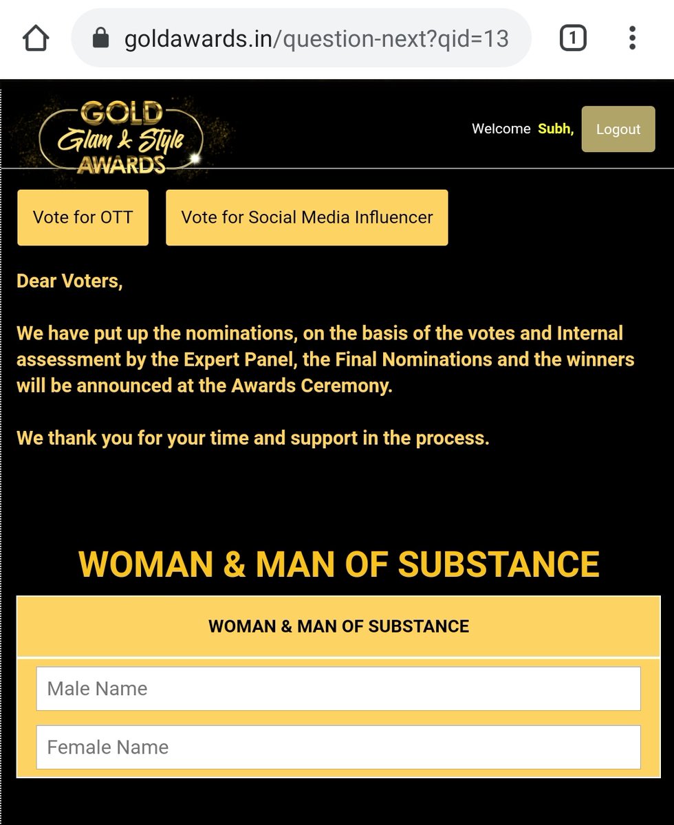 (7) Repeat step (5) till you get to another Sid nominated category.(8) The third one is the Woman & Man of Substance. Make sure you enter the full name SIDHARTH SHUKLA clearly with correct spellings.