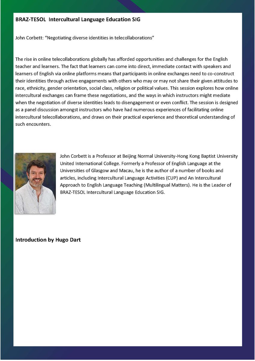 IPSENSIG's tweet photo. John Corbett will be talking at 12 (UK time) 28 Nov in our "International Perspectives event behalf of BRAZ-TESOL
https://t.co/upBW57HL8w https://t.co/ENzNYv2Lox