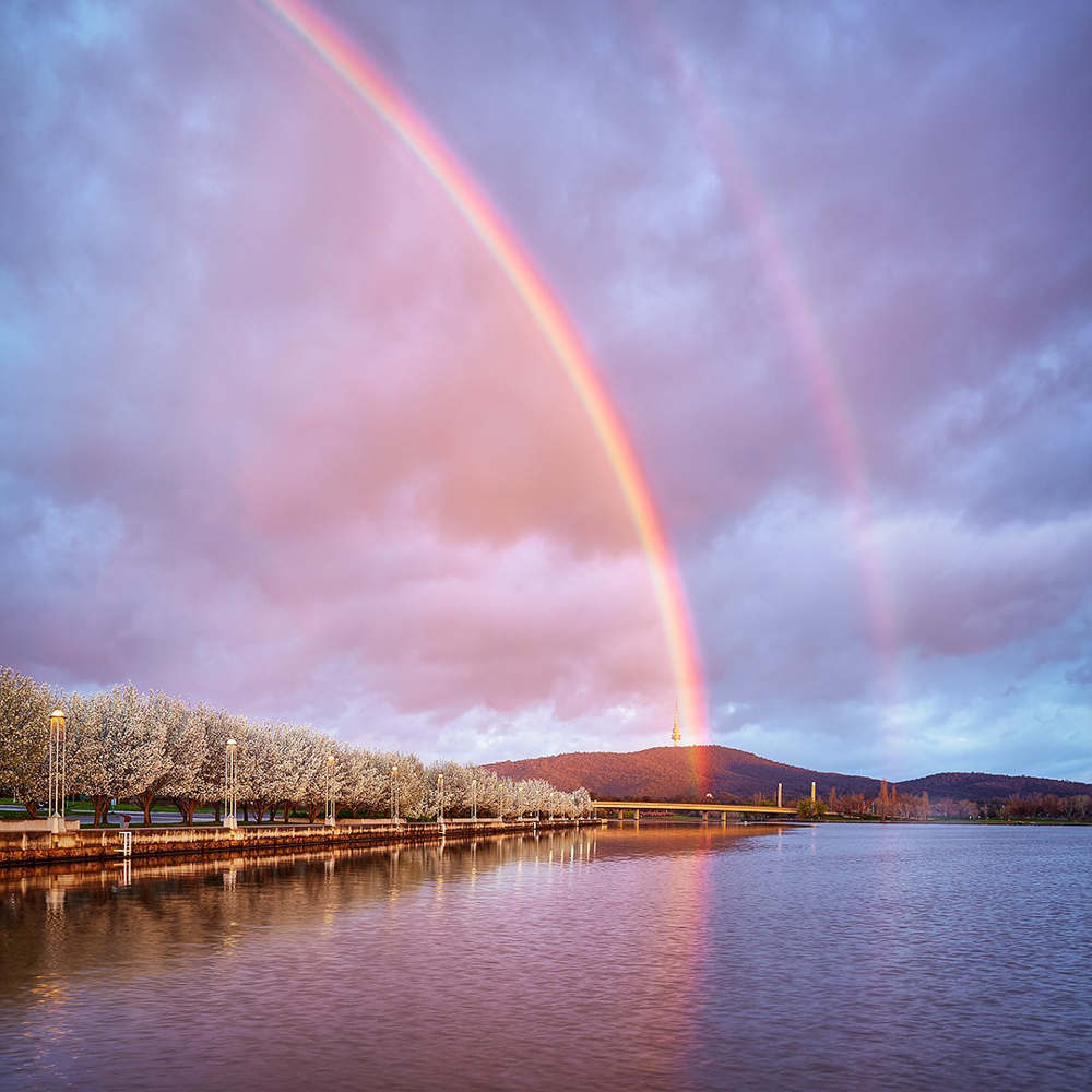 How amazing is this shot by @scottleggogallery 😍 Scott captured 'Spring Delight' as the sun rose and a passing shower gifted him with a double rainbow over Lake Burley Griffin. 

Catch more of Scott’s work during our Online Christmas Markets starting November 7th!