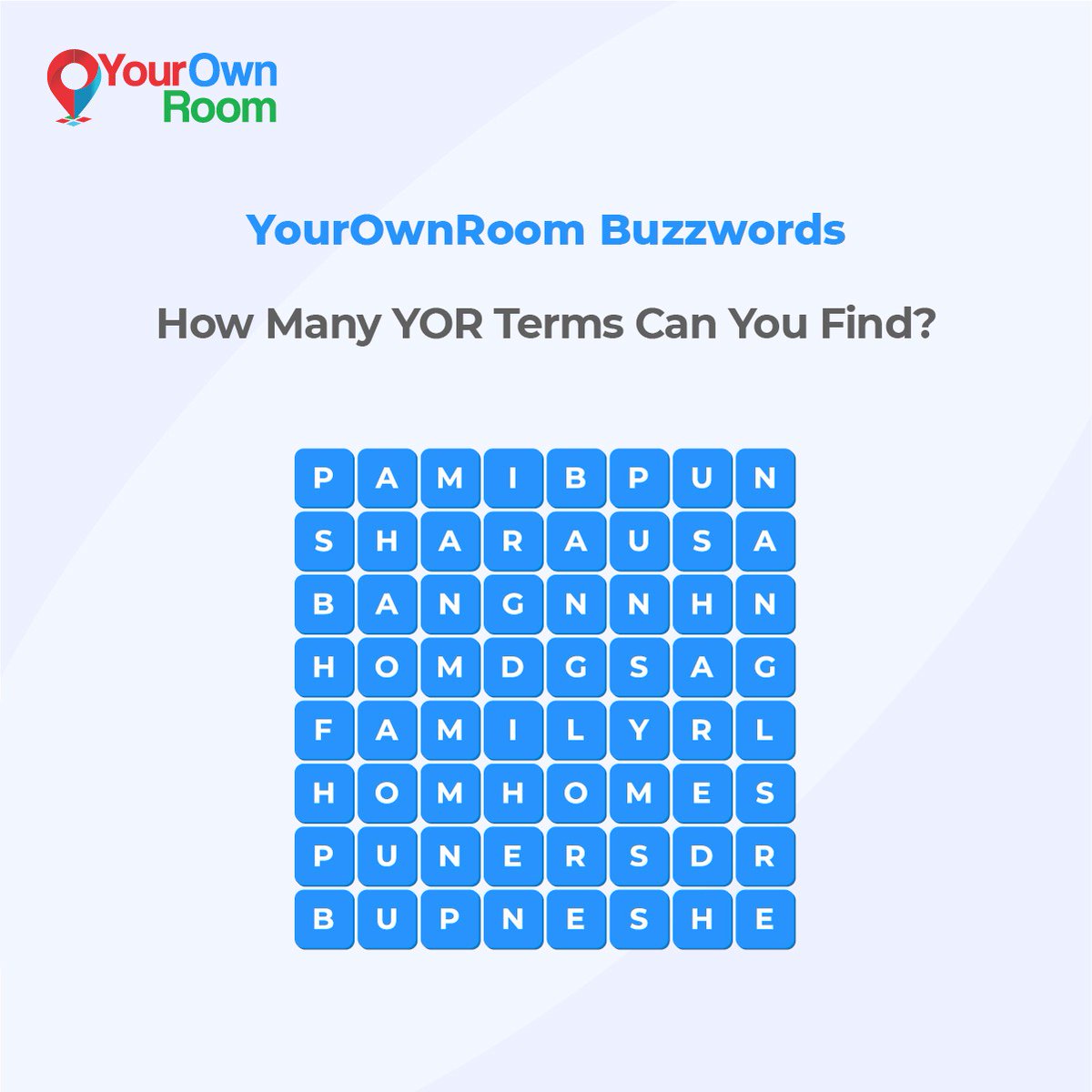 YourOwnROOM's tweet photo. The matrix contains a group of words that mean a lot to us at YourOwnRoom, as we aim to ensure a new normal in the coliving domain.
Let us know how many you could spot, in the comments section.
#YourOwnRoom #SharedRooms #ColivingSpaces #Pune #Banglore #RentalRooms #RentItWithUs https://t.co/PW17xgG5N7