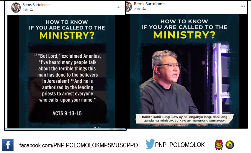 PNP_POLOMOLOK's tweet photo. Rev. Bernabe V Bartolome, MAC Member shared an inspiring video post on How to Know If You Are Called to the Ministry. As mentioned, salvation is the first step in serving God and serving God is a divine call. @PNP_CPSM @SouthCotabato https://t.co/4gn6DbGvwI